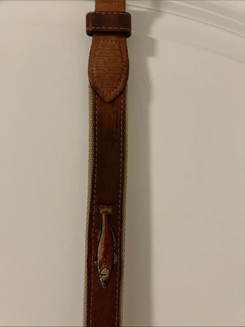 Leather Fishing Theme Belt with Fish Embossing - Brown